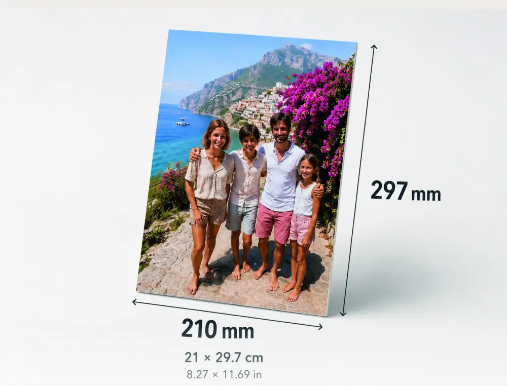 A4 family photo print showing the exact 210 by 297mm dimensions