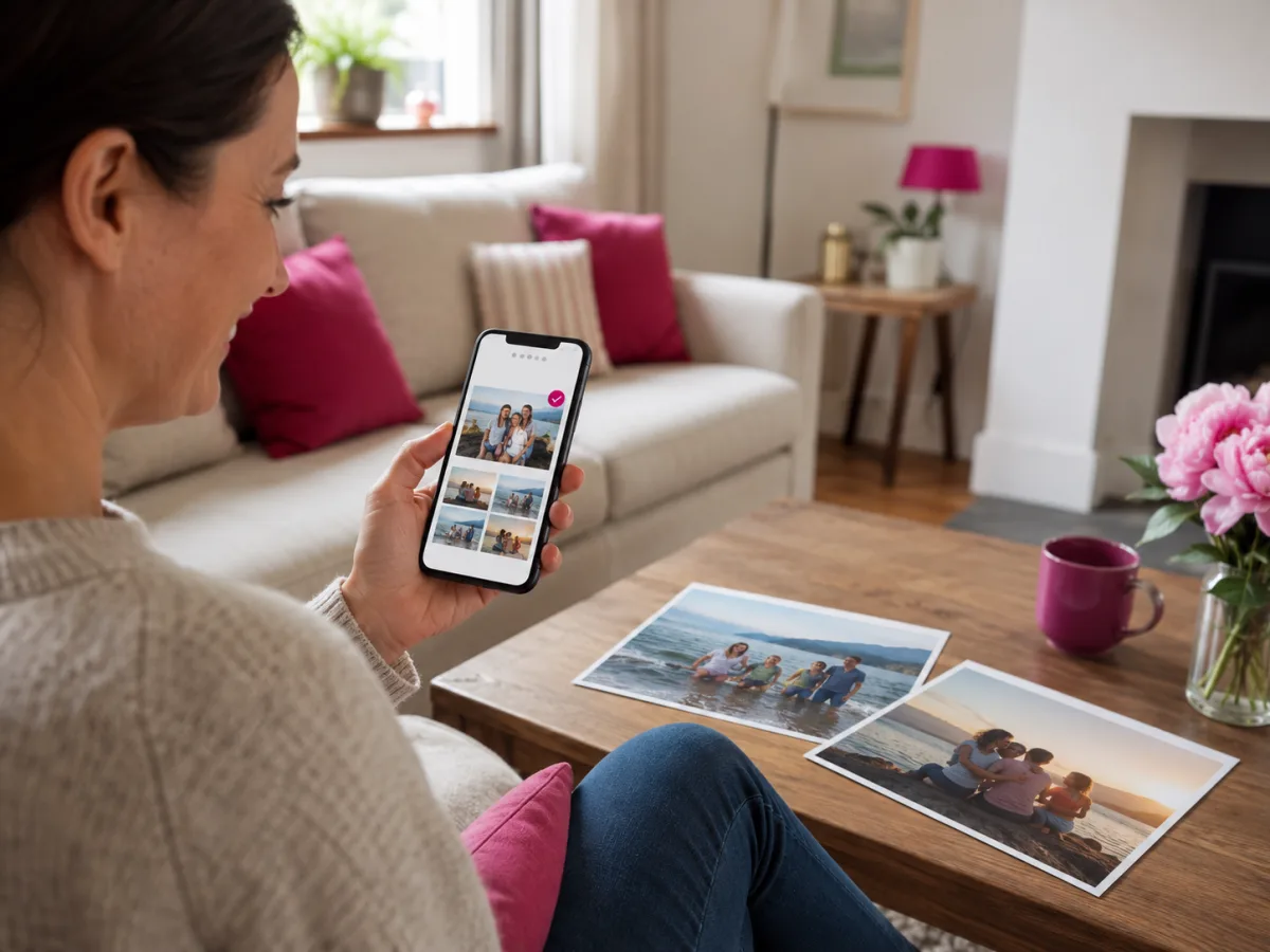 Customer selecting photographs on a phone beside finished A4 photo prints
