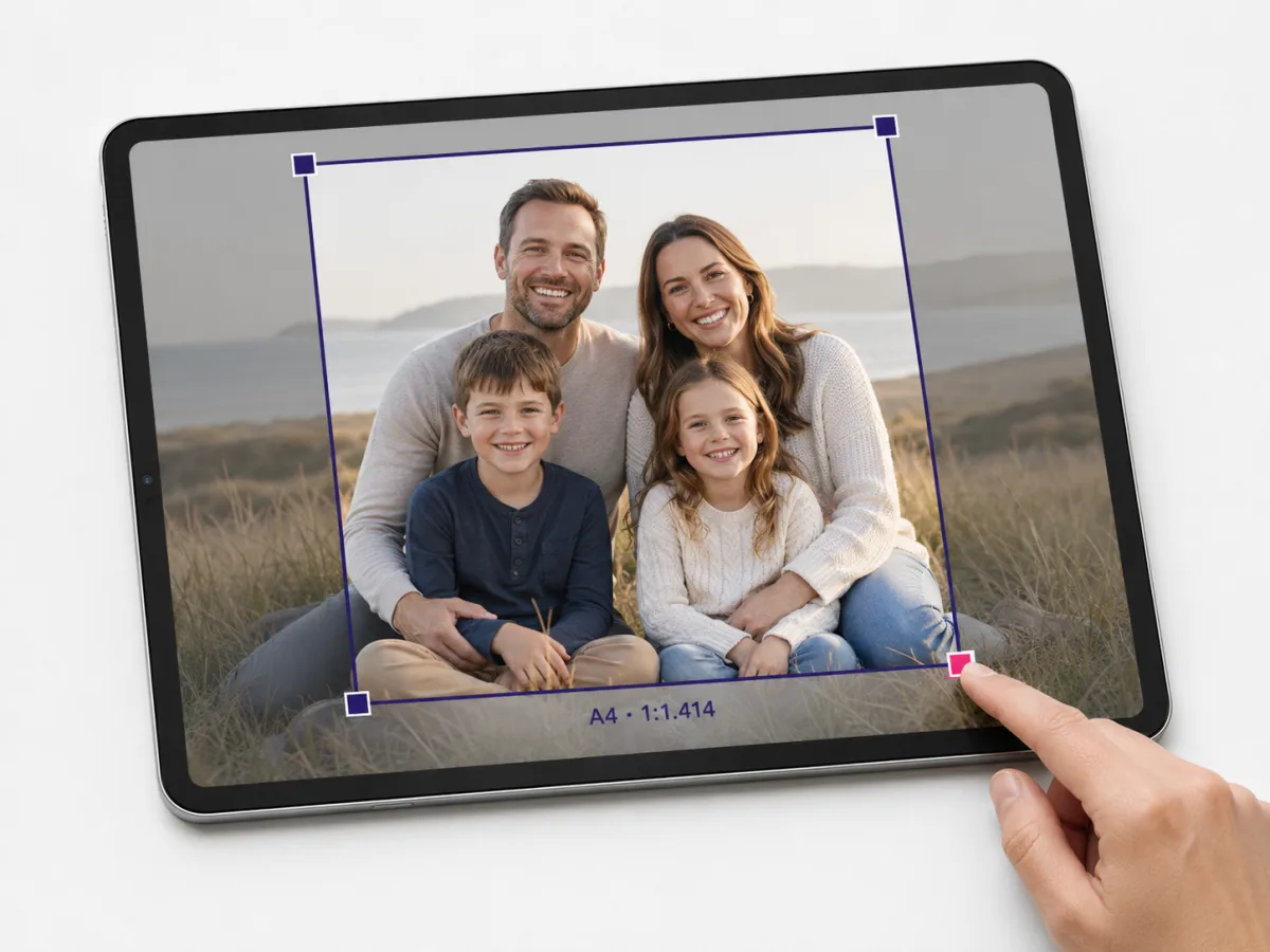 Previewing the 1 to 1.414 A4 crop before ordering a family photo print