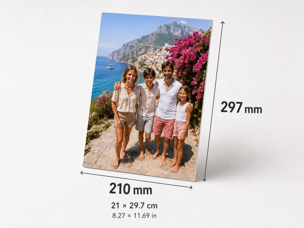 A4 family photo print showing the exact 210 by 297mm dimensions