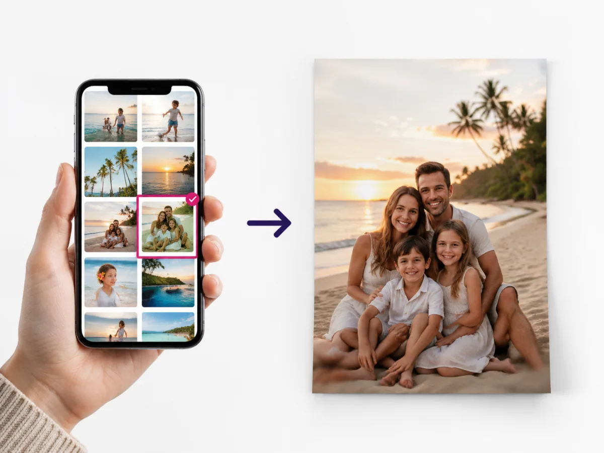 Selecting a family photograph on a phone to order as an A4 print