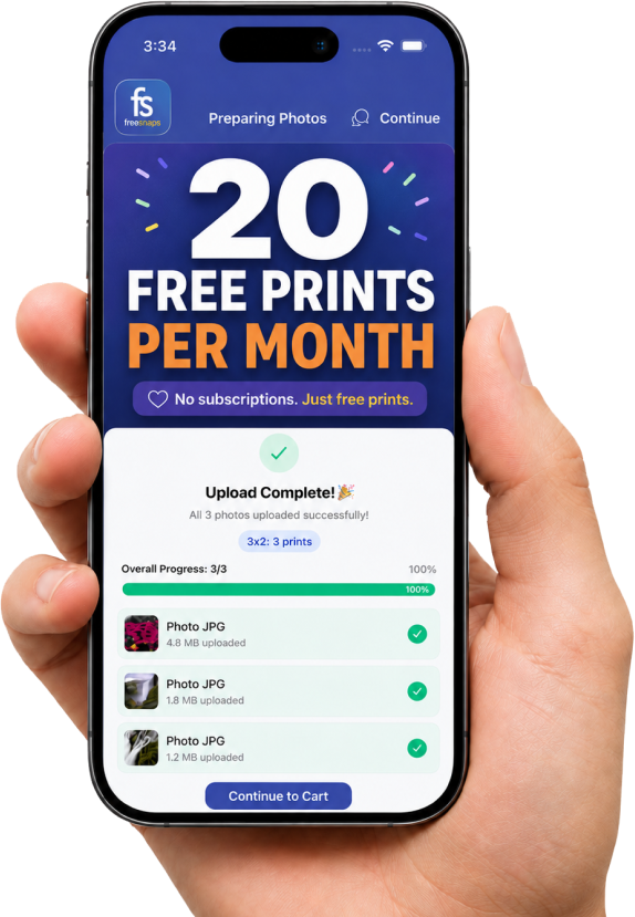FreeSnaps photo printing app on a mobile phone