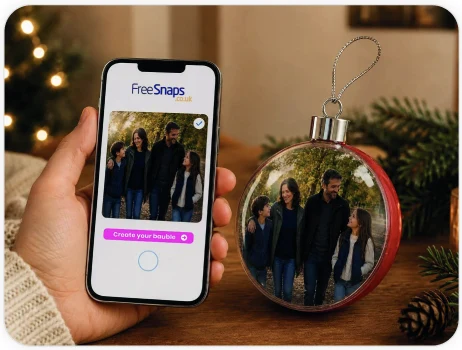 Creating a personalised Christmas photo bauble on a phone beside the finished bauble
