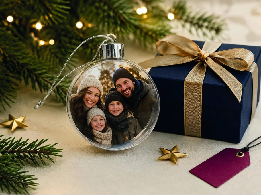 Personalised Christmas photo bauble beside a navy gift box with gold ribbon