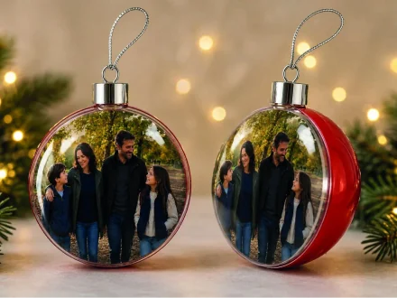 Two personalised Christmas photo baubles showing the same family photograph