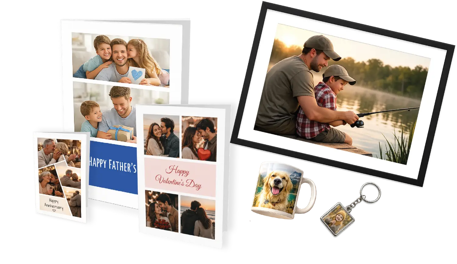 Personalised photo books, framed print, mug and keyring created with FreeSnaps