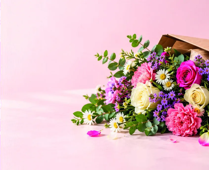 A letterbox bouquet of pink roses, carnations, daisies and purple flowers spilling from brown paper