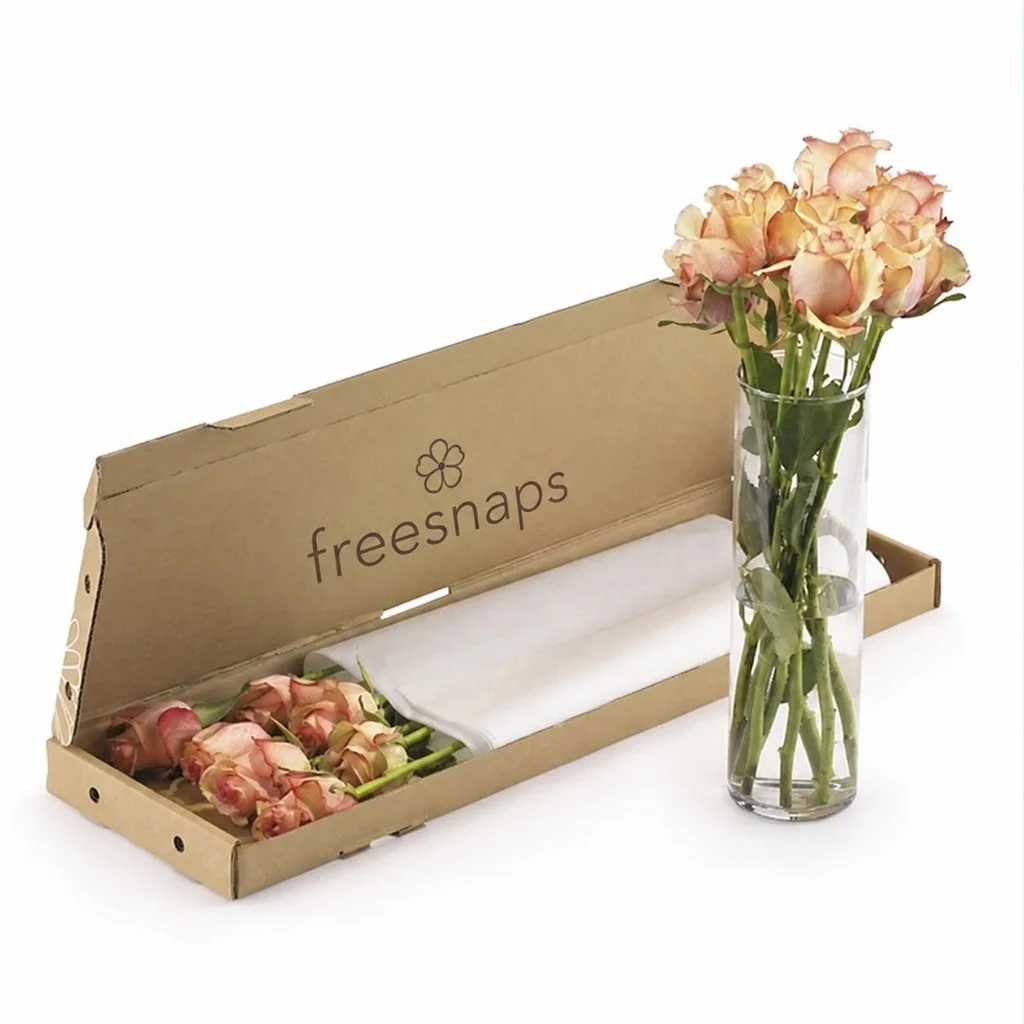 The Petal letterbox flowers in the FreeSnaps box beside a glass vase