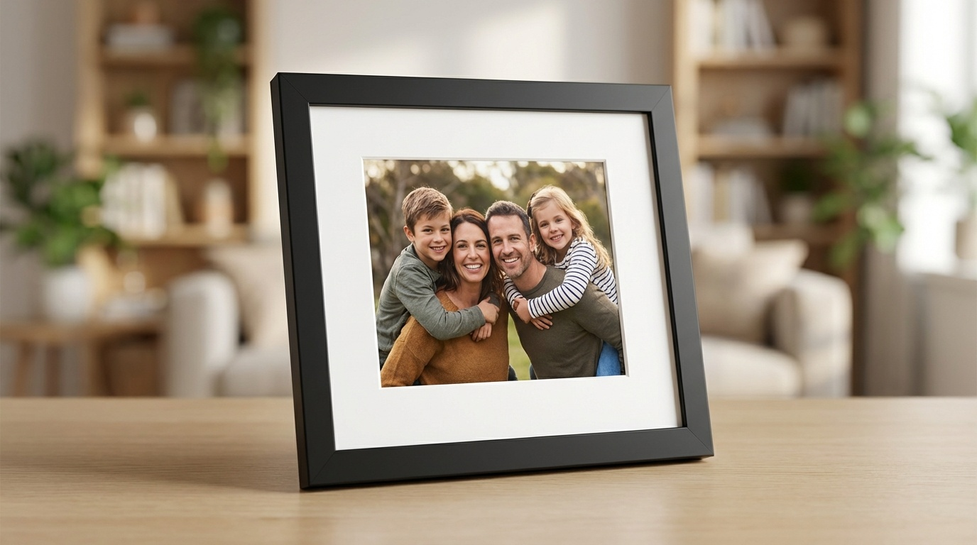 Black framed photo print with family photo