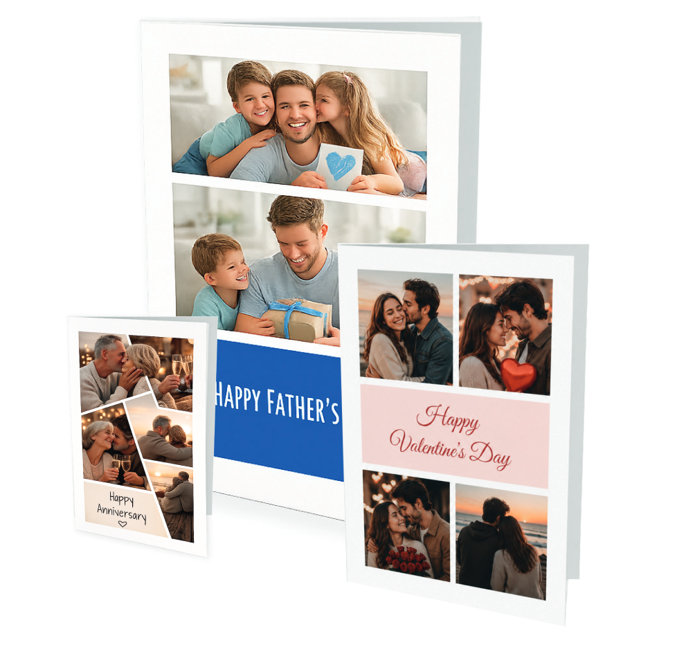 Personalised greeting cards including anniversary, Father's Day, and Valentine's Day designs