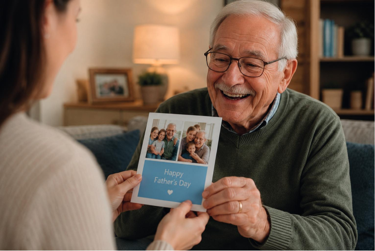 Grandfather holding a personalised Happy Father's Day card