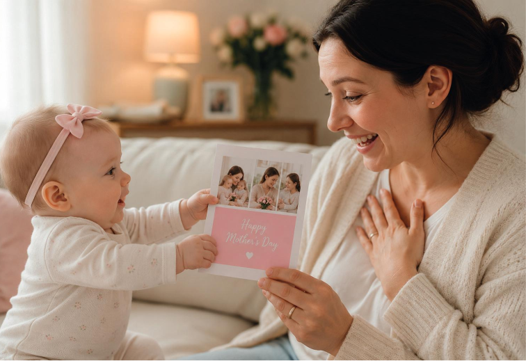 Baby holding a personalised Happy Mother's Day card