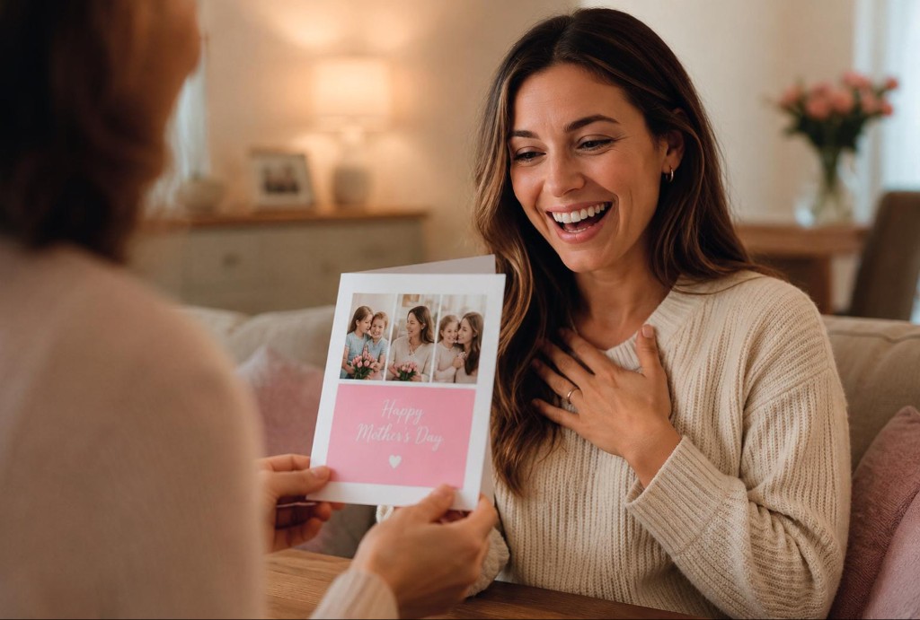 Happy customer holding a personalised Happy Mother's Day greeting card