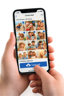 Hand holding a phone with photos to upload