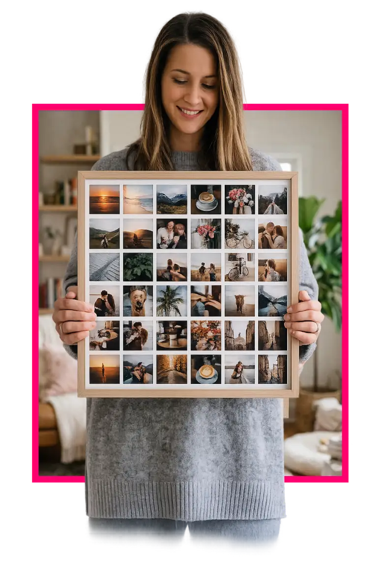 Customer holding a framed photo collage print