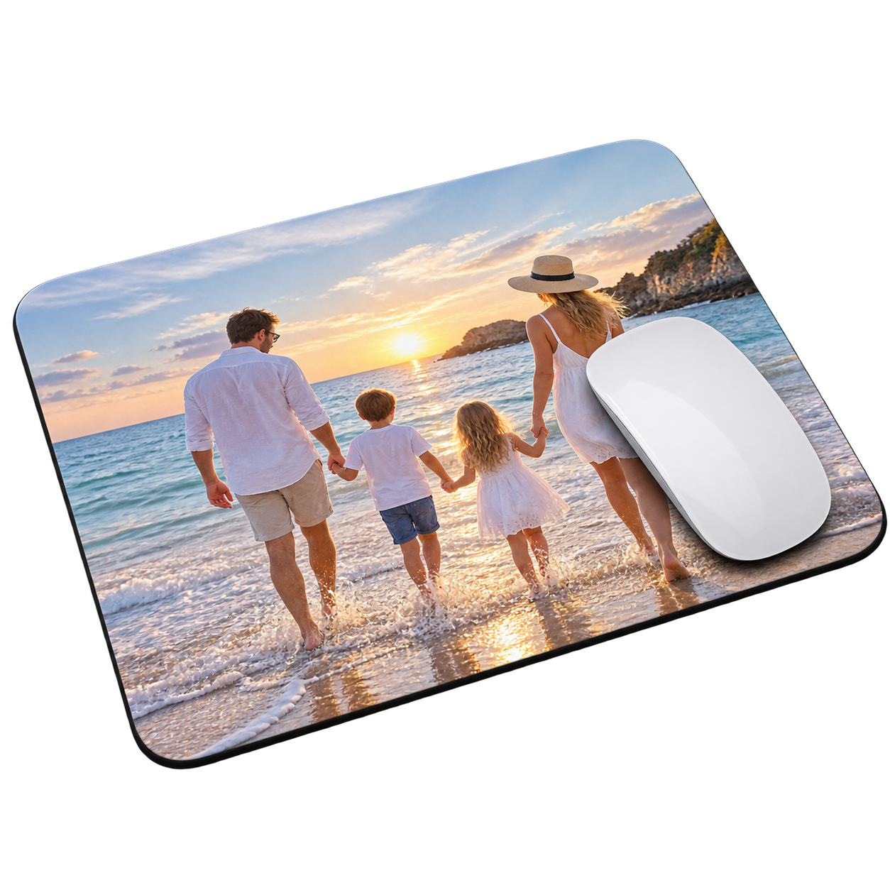 Personalised mouse mat printed with a family holiday photograph
