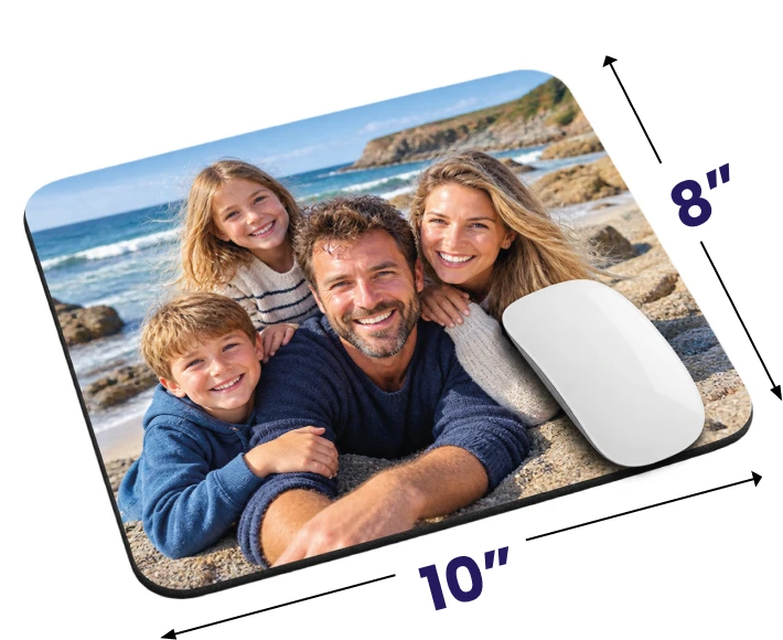 Personalised family photo mouse mat measuring 10 by 8 inches