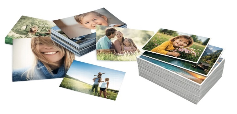 A spread of glossy 6x4 photo prints of family moments beside a tall stack of prints