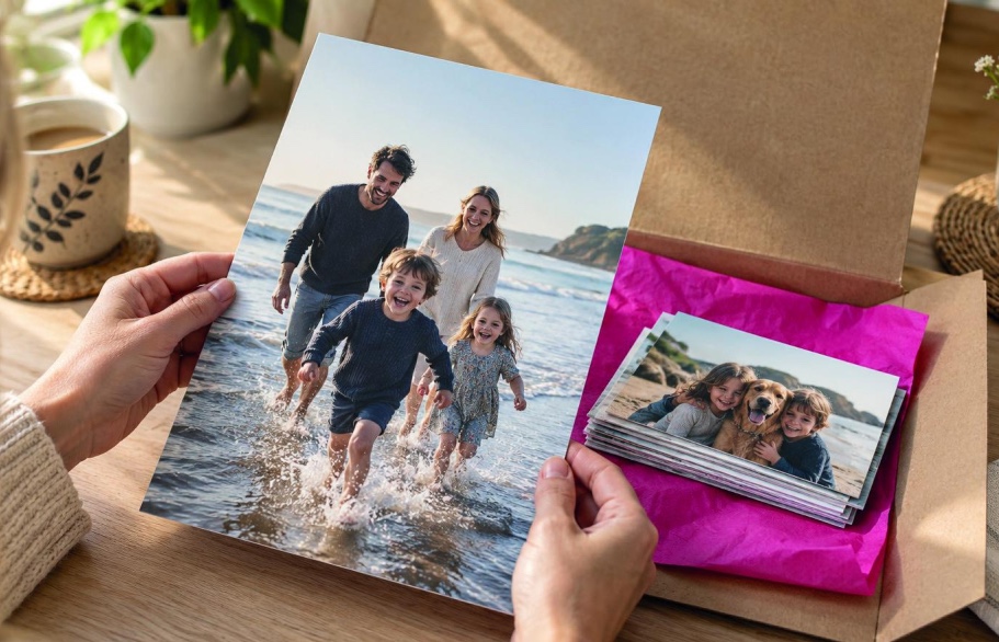 Hands holding an A4 photo print of a family on the beach above a box of 6x4 prints