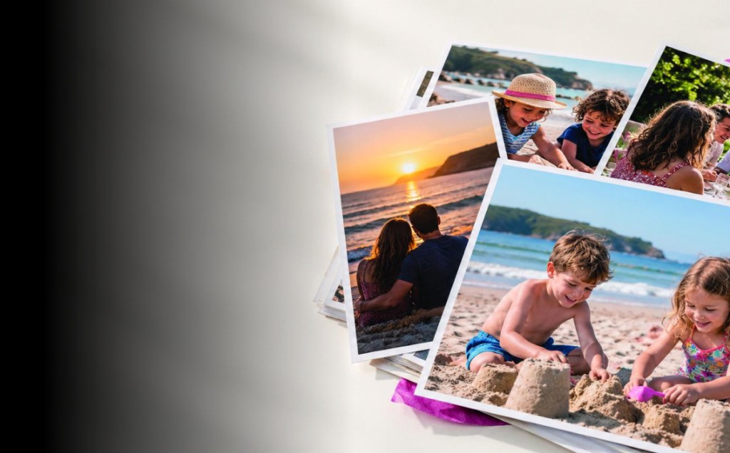 A stack of glossy next day photo prints showing family holiday photos on the beach