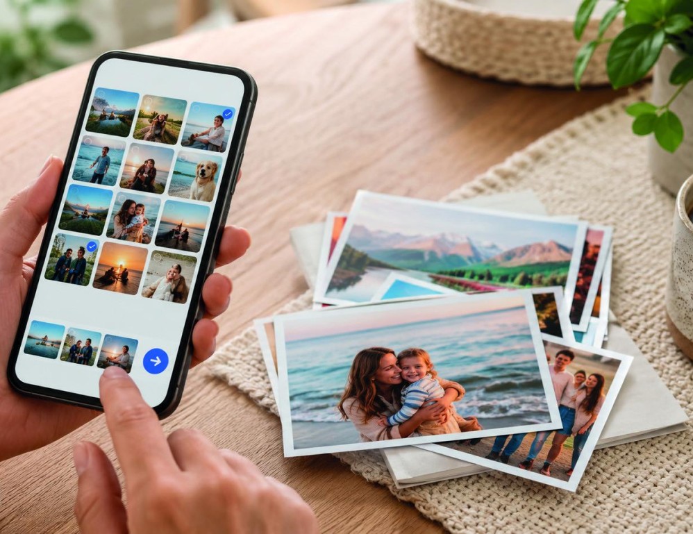 Hands holding a phone showing a grid of family photos selected for printing, with 6x4 photo prints on the table