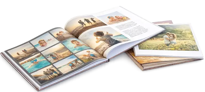 Stacked personalised photo books in different sizes — 6x6, 8x8 and 12x12