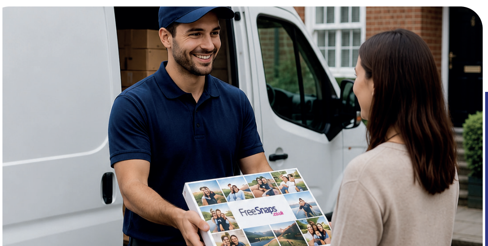FreeSnaps photo book delivered to a customer's door across the UK