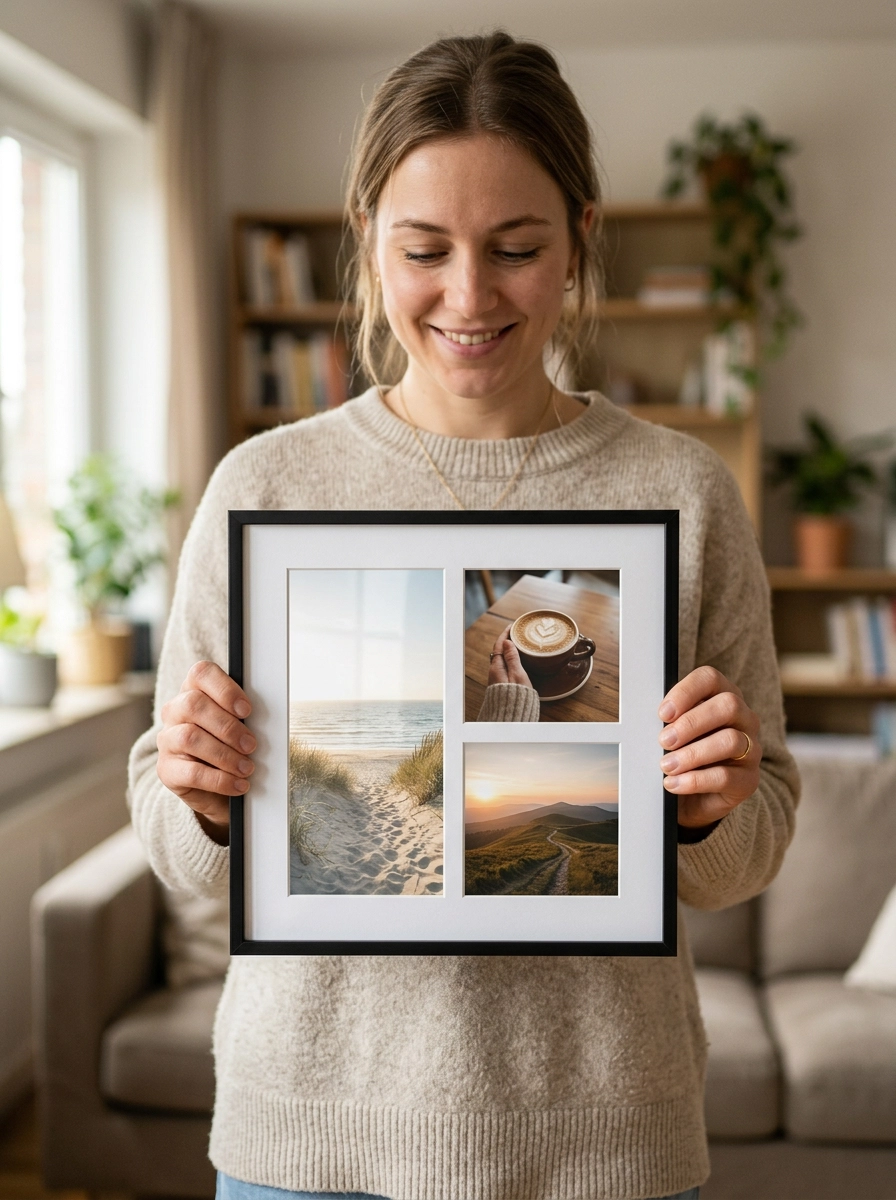 Personalised photo collage print displayed in a living room