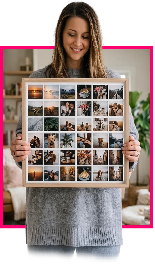 Woman holding a personalised photo collage print created with the FreeSnaps photo collage maker