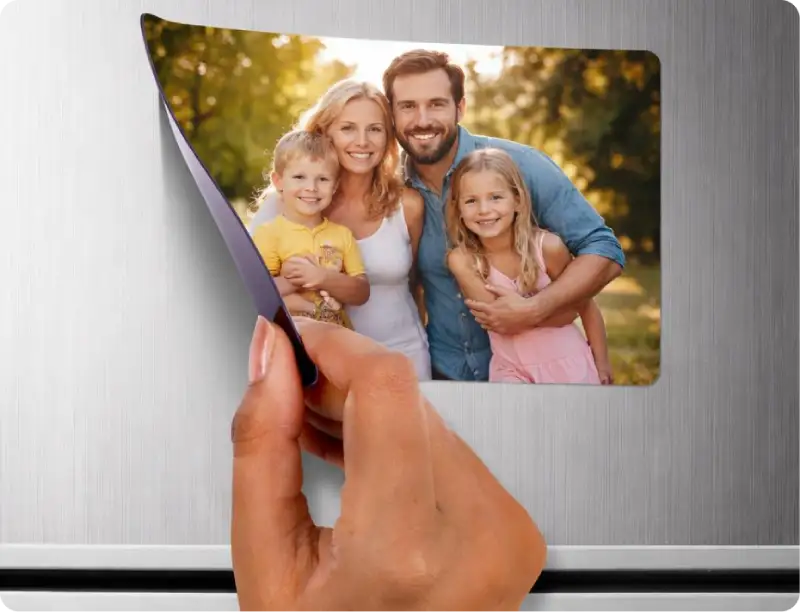Peeling a personalised photo magnet from a fridge