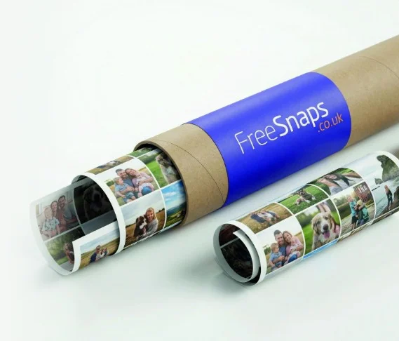 FreeSnaps branded poster tubes with rolled photo collage prints ready for Amazon Shipping delivery