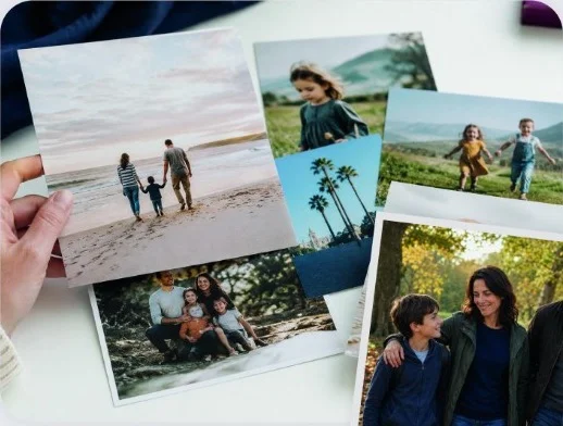 A customer holding a set of FreeSnaps family photo prints spread across a table