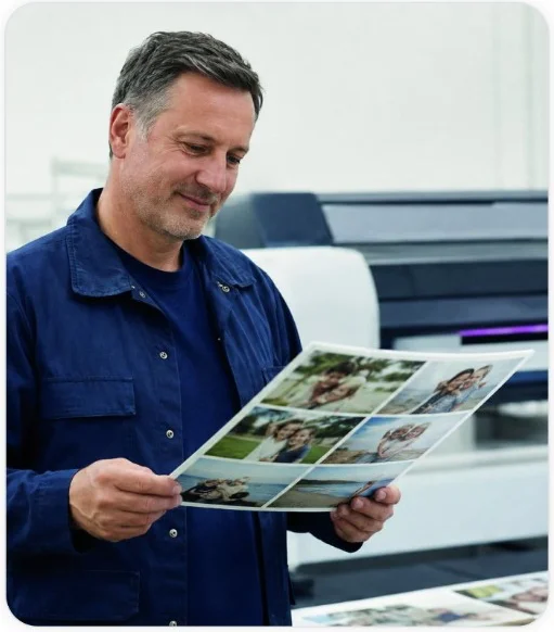 FreeSnaps print technician reviewing a sheet of family photo prints beside a large-format printer